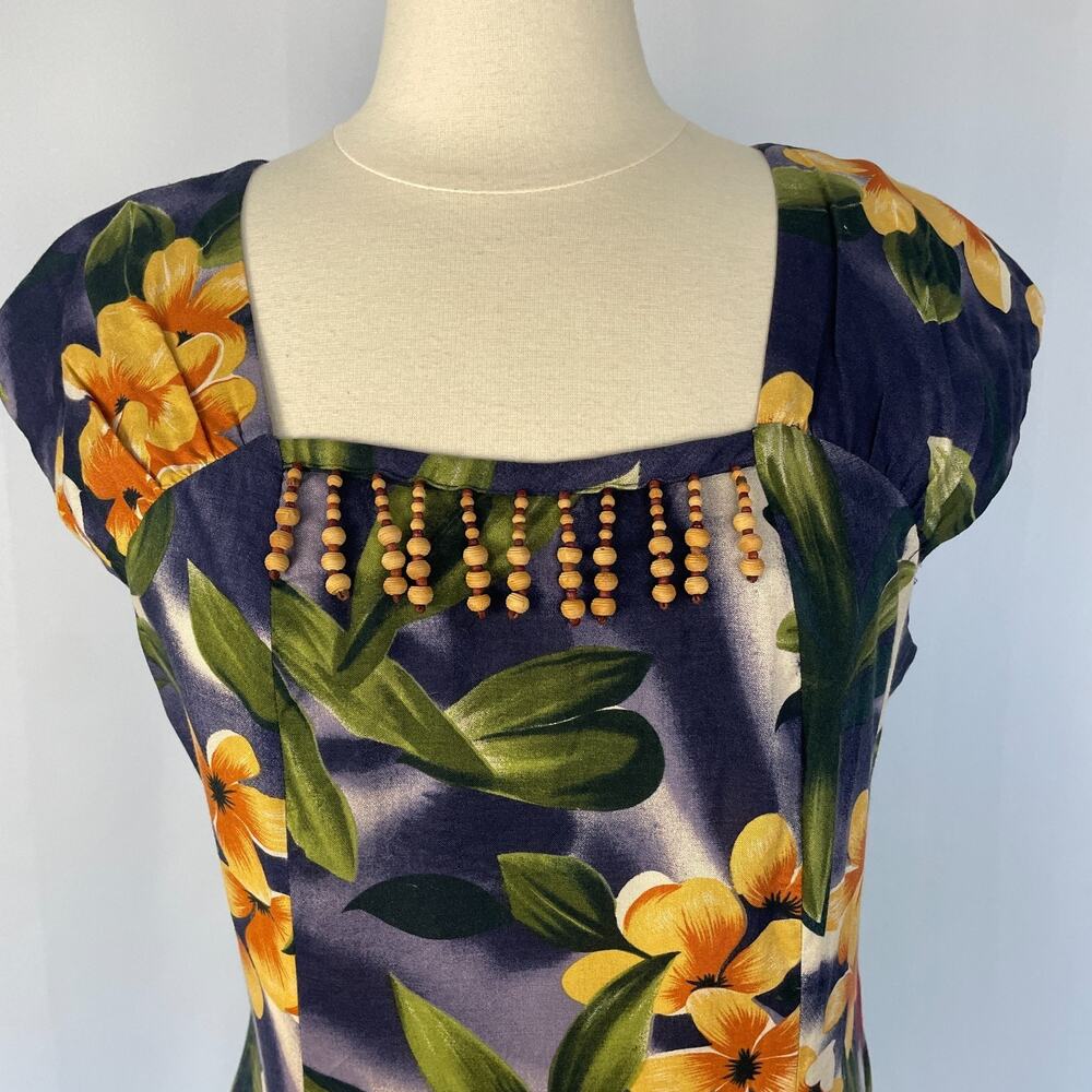 Vintage Dress Size 14 Blue Tropical Floral Hawaii Beach Open Back Beaded 90s - Picture 3 of 15